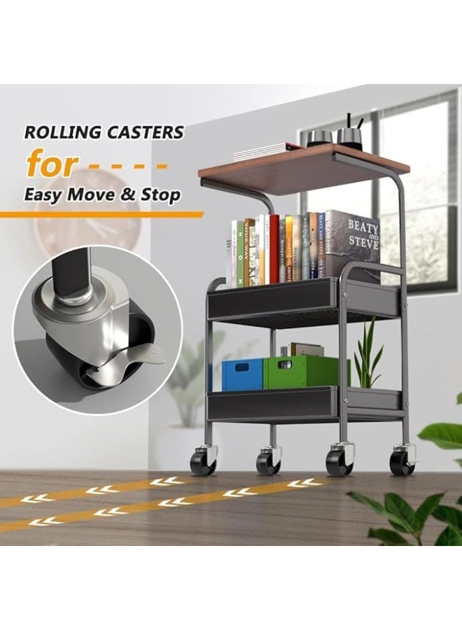 Rolling Cart with Wooden Tabletop, 3 Tier Metal Utility Cart, Rolling Storage Organizer Cart with Lockable Wheels for Kitchen, Office, Bedroom - Black - Image 5